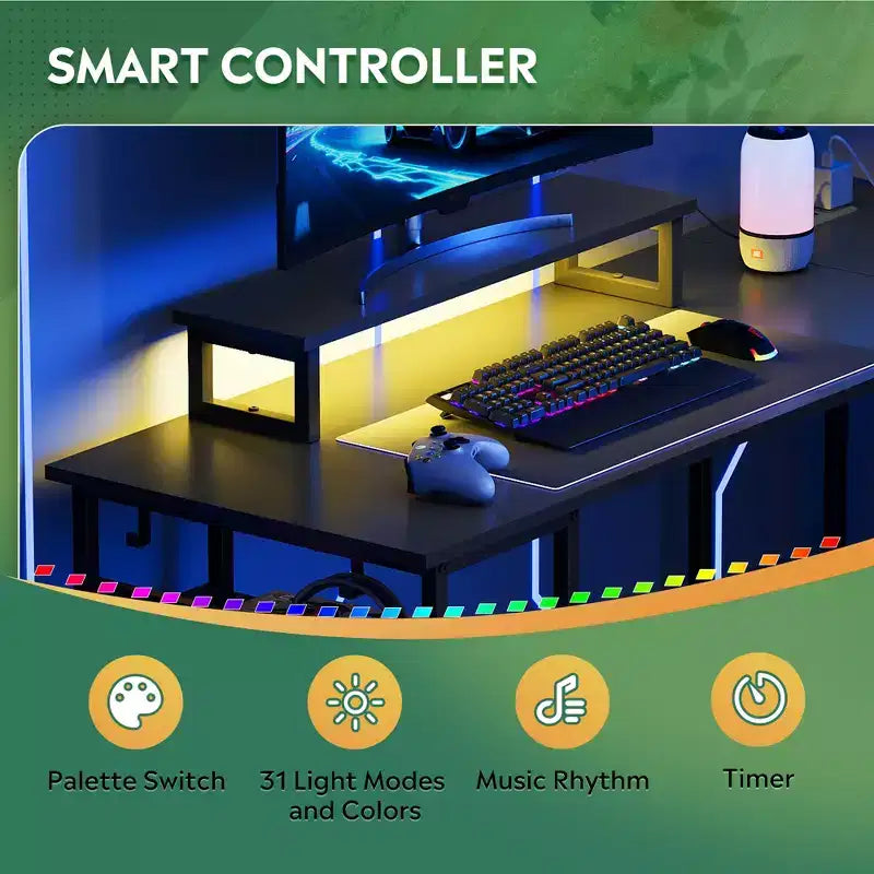 Scrivania angolare a L da 55" con luci LED e vani portaoggetti, Nera, 1 persona