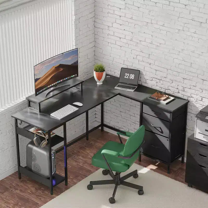 Scrivania angolare a L da 55" con luci LED e vani portaoggetti, Nera, 1 persona