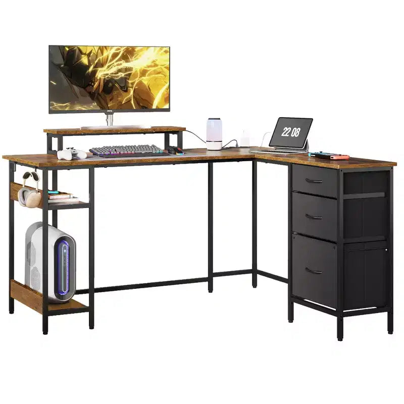 Scrivania angolare a L da 55" con luci LED e vani portaoggetti, Nera, 1 persona