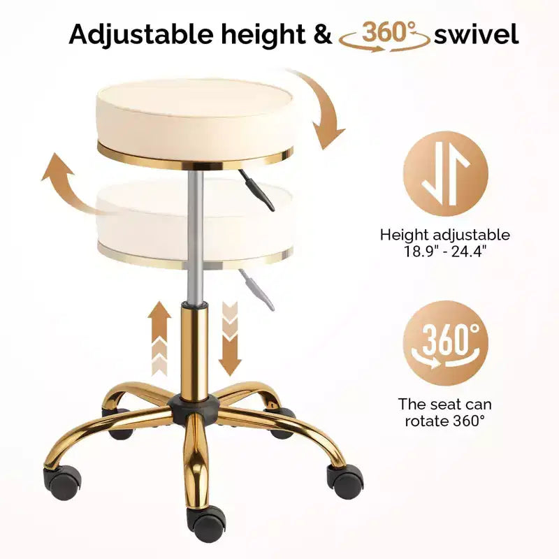 Sgabello Girevole Senza Schienale Rotondo Nero/Bianco Sporco con Ruote, 1 Persona