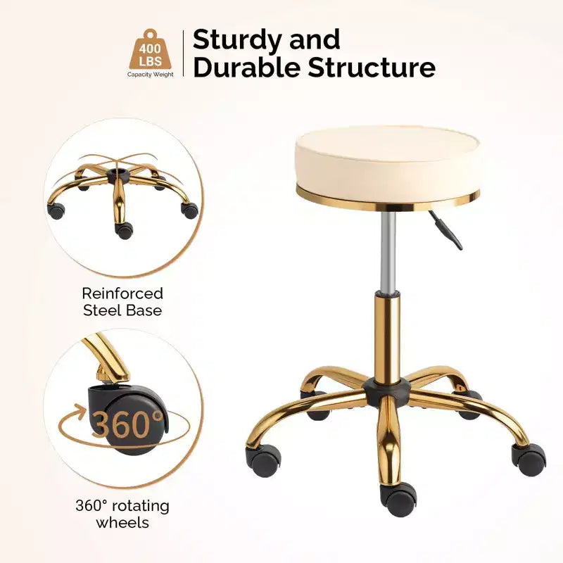 Sgabello Girevole Senza Schienale Rotondo Nero/Bianco Sporco con Ruote, 1 Persona