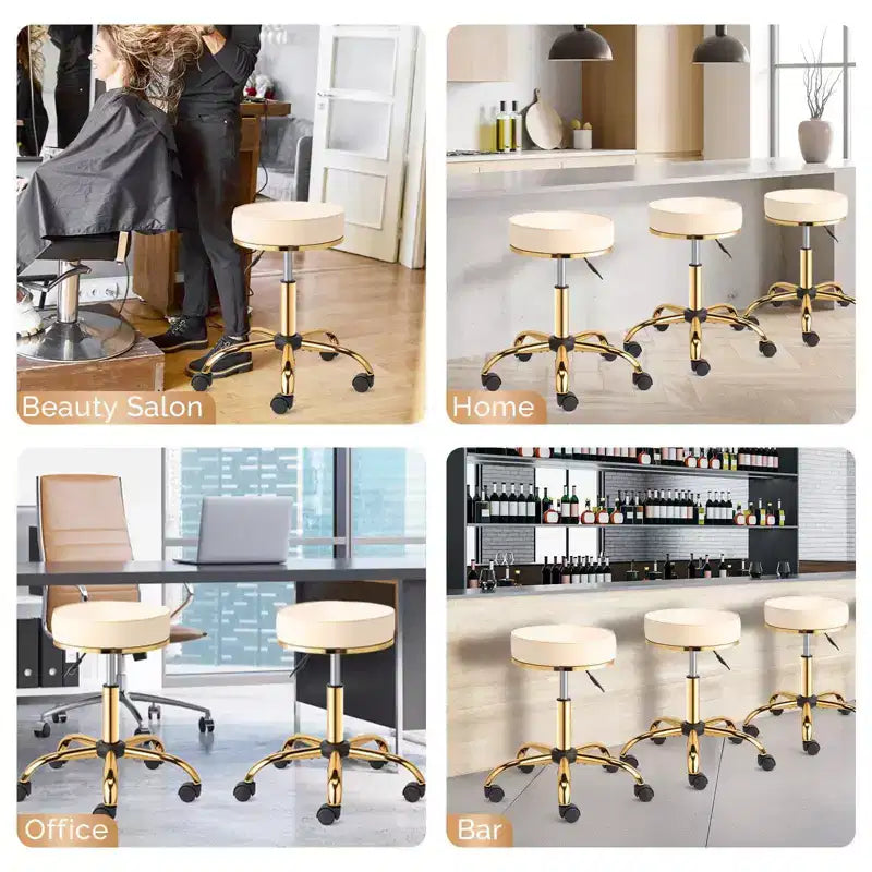 Sgabello Girevole Senza Schienale Rotondo Nero/Bianco Sporco con Ruote, 1 Persona