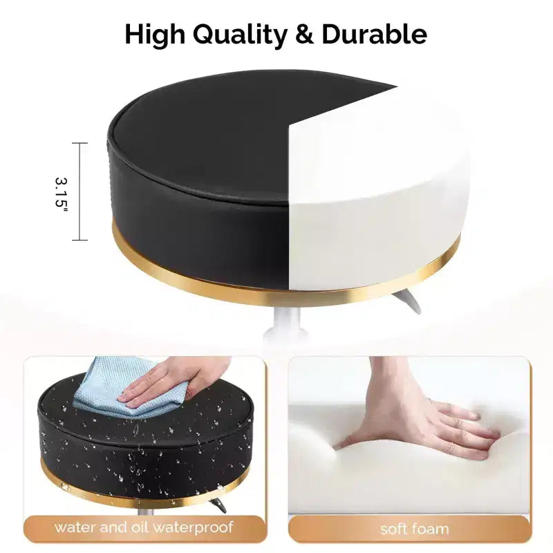 Sgabello Girevole Senza Schienale Rotondo Nero/Bianco Sporco con Ruote, 1 Persona