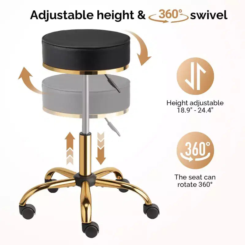 Sgabello Girevole Senza Schienale Rotondo Nero/Bianco Sporco con Ruote, 1 Persona
