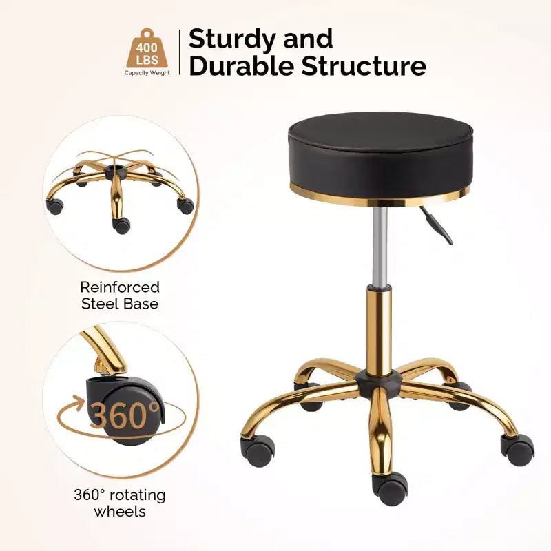 Sgabello Girevole Senza Schienale Rotondo Nero/Bianco Sporco con Ruote, 1 Persona