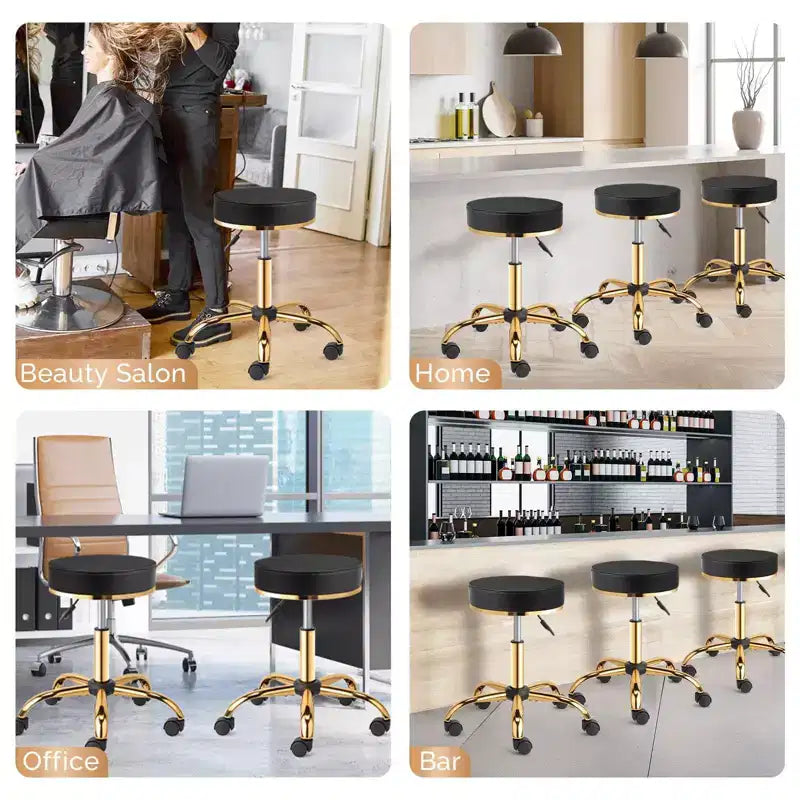 Sgabello Girevole Senza Schienale Rotondo Nero/Bianco Sporco con Ruote, 1 Persona