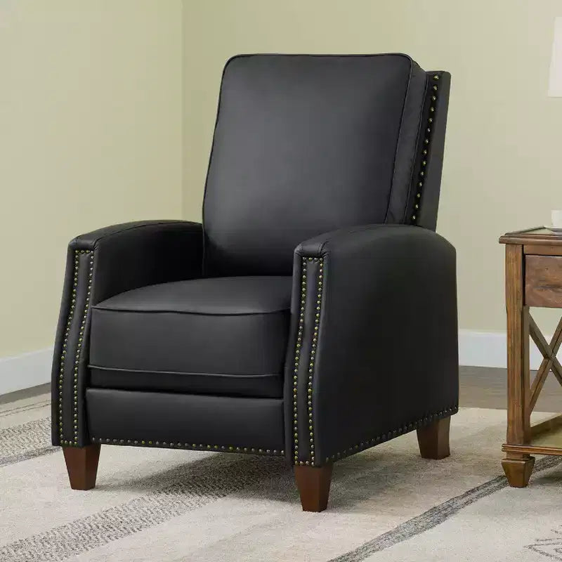 Poltrona reclinabile push-back in similpelle beige / nera / grigio antracite / marrone sella con profili borchiati, posto singolo