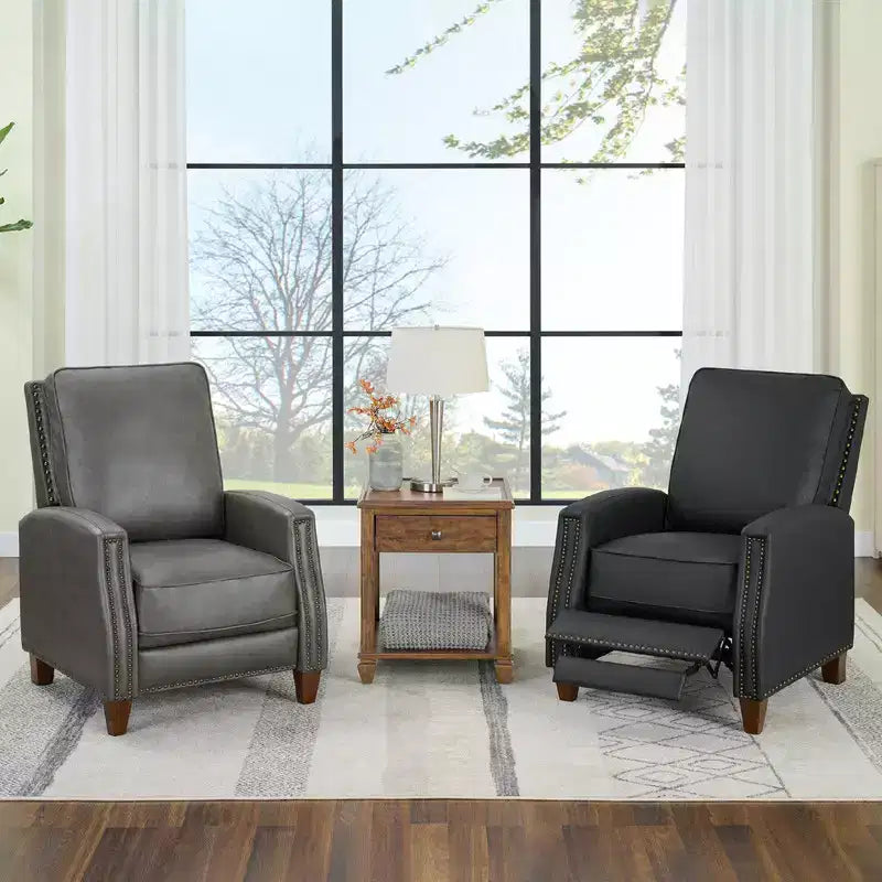 Poltrona reclinabile push-back in similpelle beige / nera / grigio antracite / marrone sella con profili borchiati, posto singolo