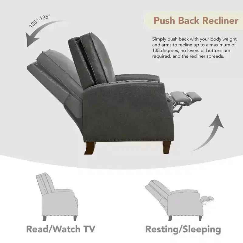 Poltrona reclinabile push-back in similpelle beige / nera / grigio antracite / marrone sella con profili borchiati, posto singolo