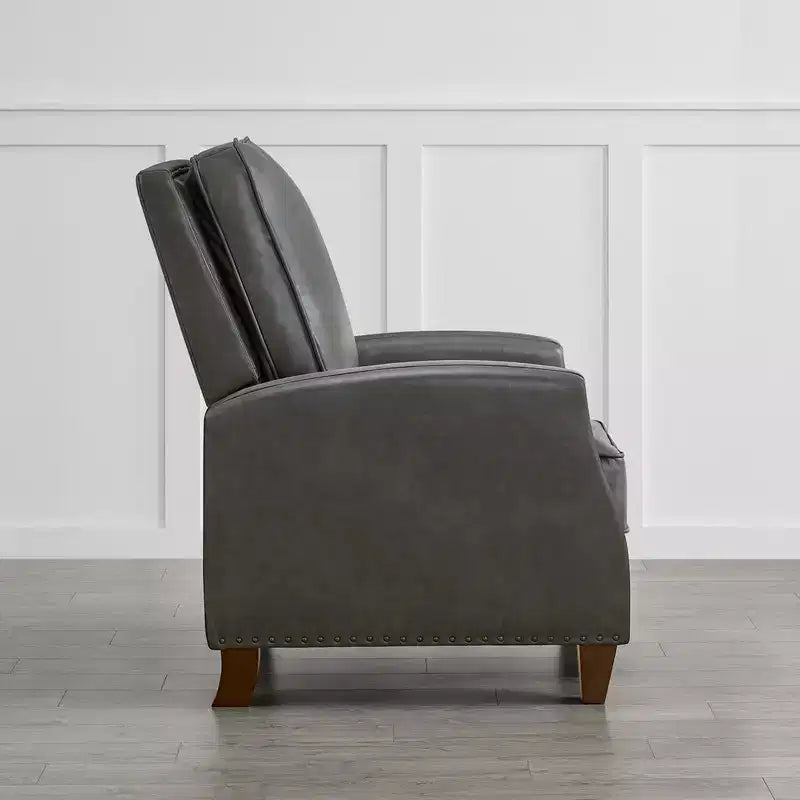 Poltrona reclinabile push-back in similpelle beige / nera / grigio antracite / marrone sella con profili borchiati, posto singolo