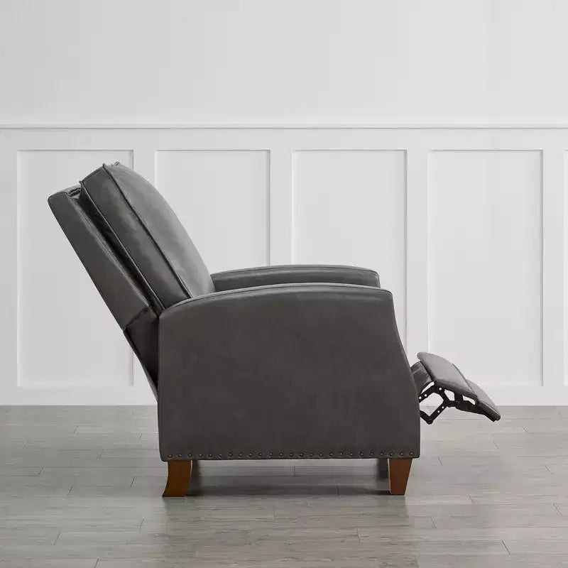Poltrona reclinabile push-back in similpelle beige / nera / grigio antracite / marrone sella con profili borchiati, posto singolo
