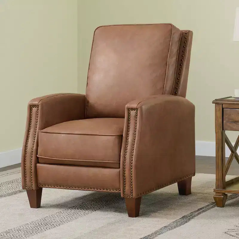 Poltrona reclinabile push-back in similpelle beige / nera / grigio antracite / marrone sella con profili borchiati, posto singolo