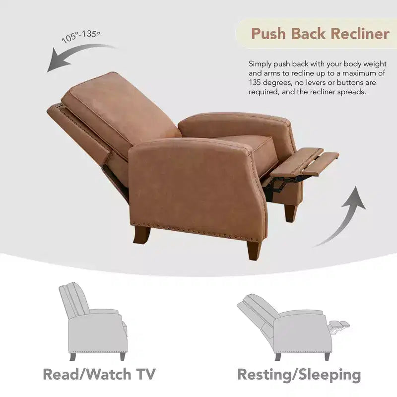 Poltrona reclinabile push-back in similpelle beige / nera / grigio antracite / marrone sella con profili borchiati, posto singolo