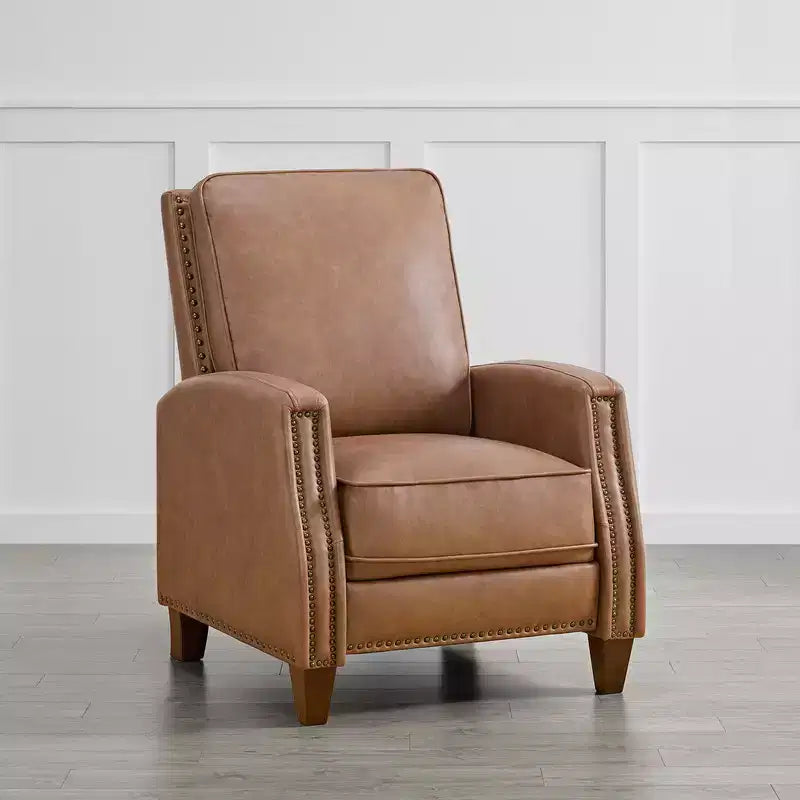 Poltrona reclinabile push-back in similpelle beige / nera / grigio antracite / marrone sella con profili borchiati, posto singolo
