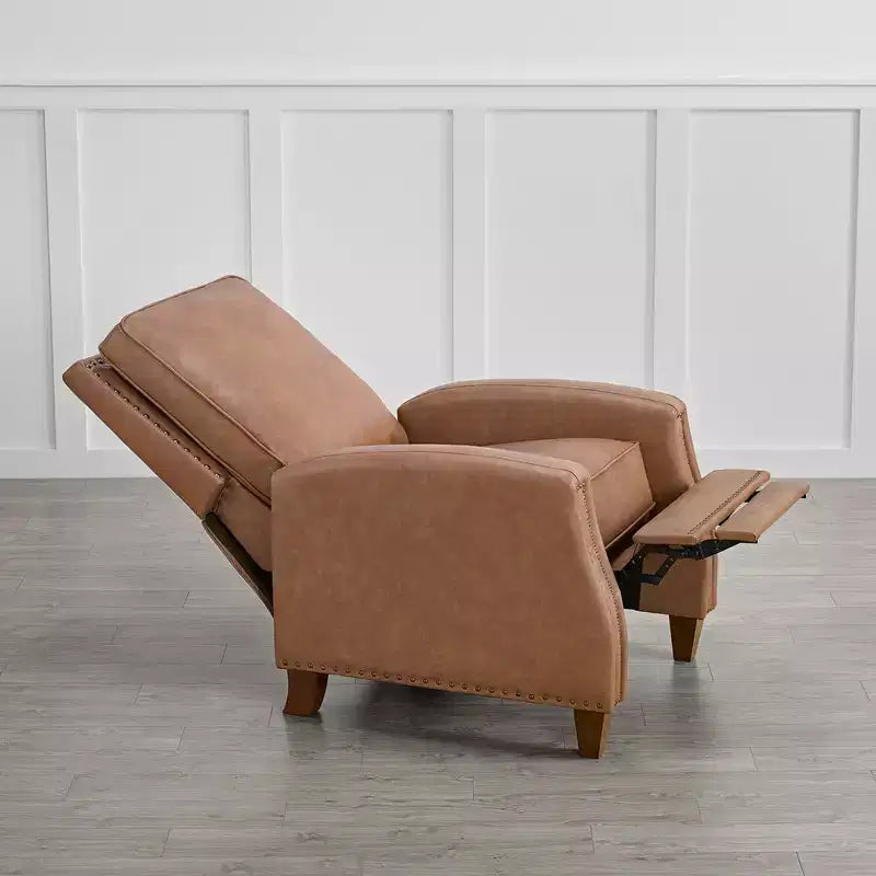 Poltrona reclinabile push-back in similpelle beige / nera / grigio antracite / marrone sella con profili borchiati, posto singolo