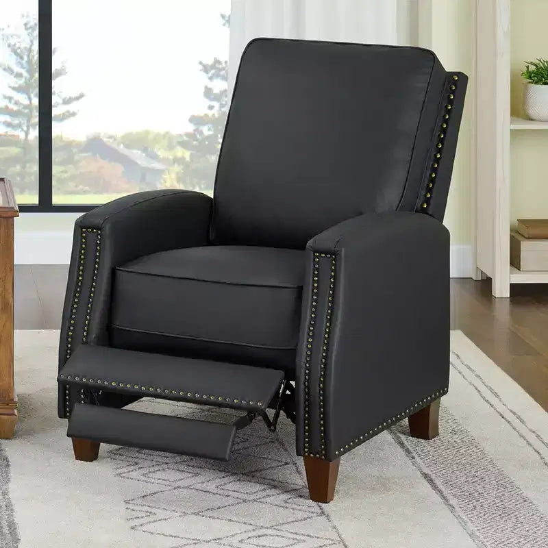 Poltrona reclinabile push-back in similpelle beige / nera / grigio antracite / marrone sella con profili borchiati, posto singolo