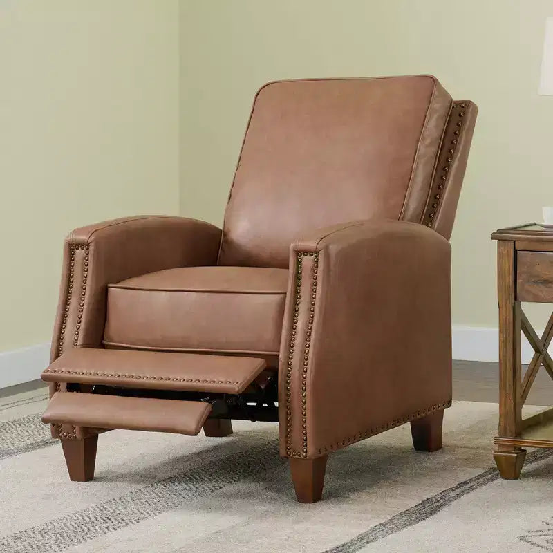 Poltrona reclinabile push-back in similpelle beige / nera / grigio antracite / marrone sella con profili borchiati, posto singolo