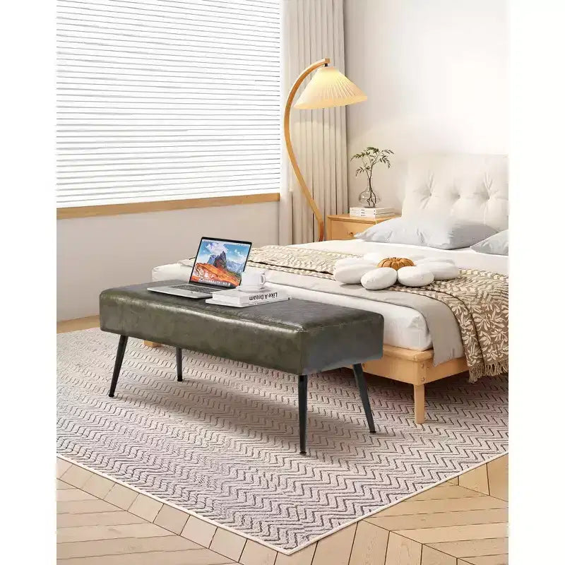 Panca portaoggetti singola in similpelle PU verde con gambe in metallo, 110 x 40 x 43 cm