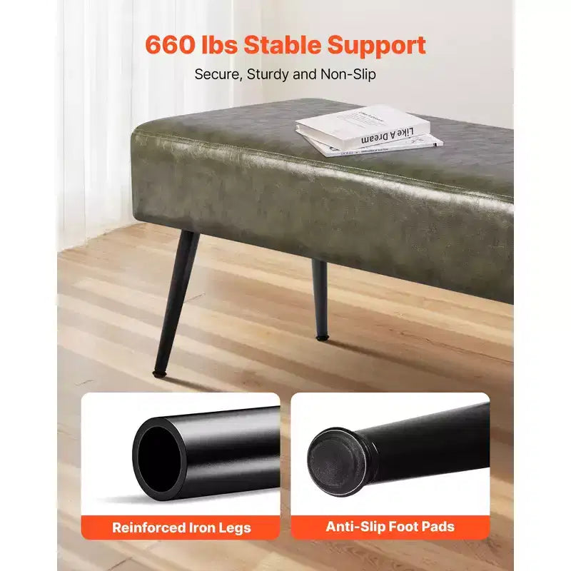 Panca portaoggetti singola in similpelle PU verde con gambe in metallo, 110 x 40 x 43 cm
