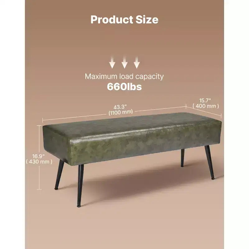 Panca portaoggetti singola in similpelle PU verde con gambe in metallo, 110 x 40 x 43 cm