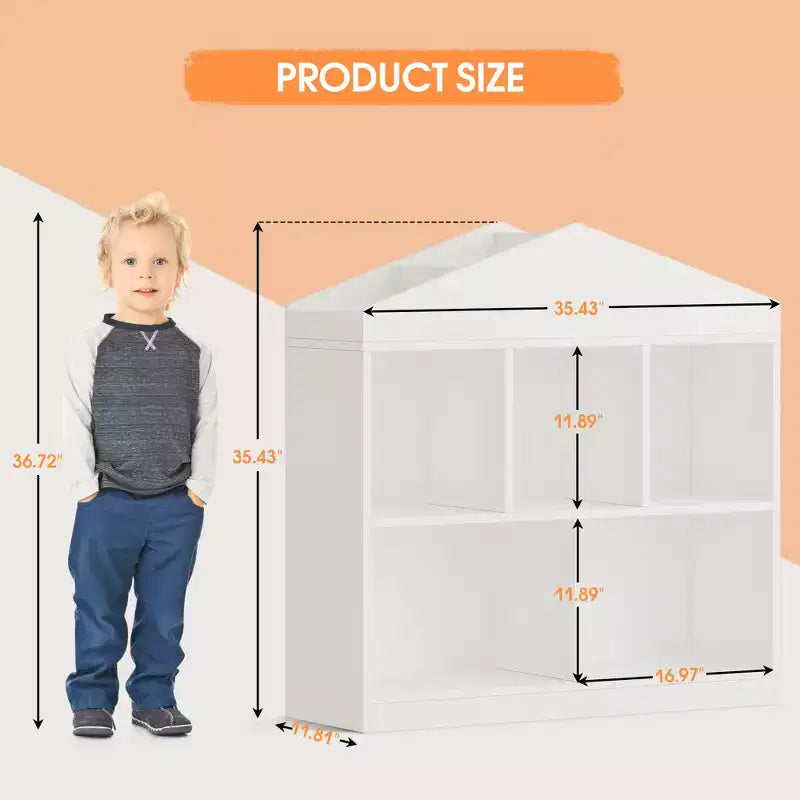 Libreria per bambini a 2 ripiani bianca a casetta, Scaffale portaoggetti a 5 scomparti per 1-2 bambini