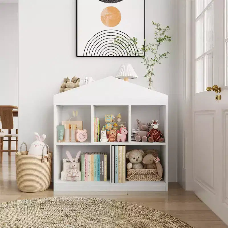 Libreria per bambini a 2 ripiani bianca a casetta, Scaffale portaoggetti a 5 scomparti per 1-2 bambini