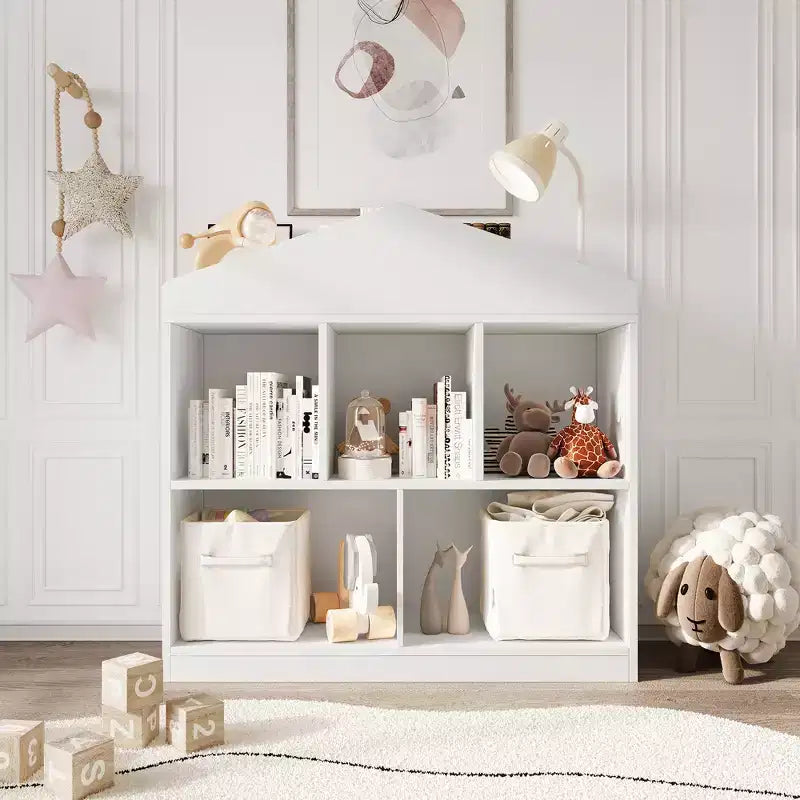 Libreria per bambini a 2 ripiani bianca a casetta, Scaffale portaoggetti a 5 scomparti per 1-2 bambini