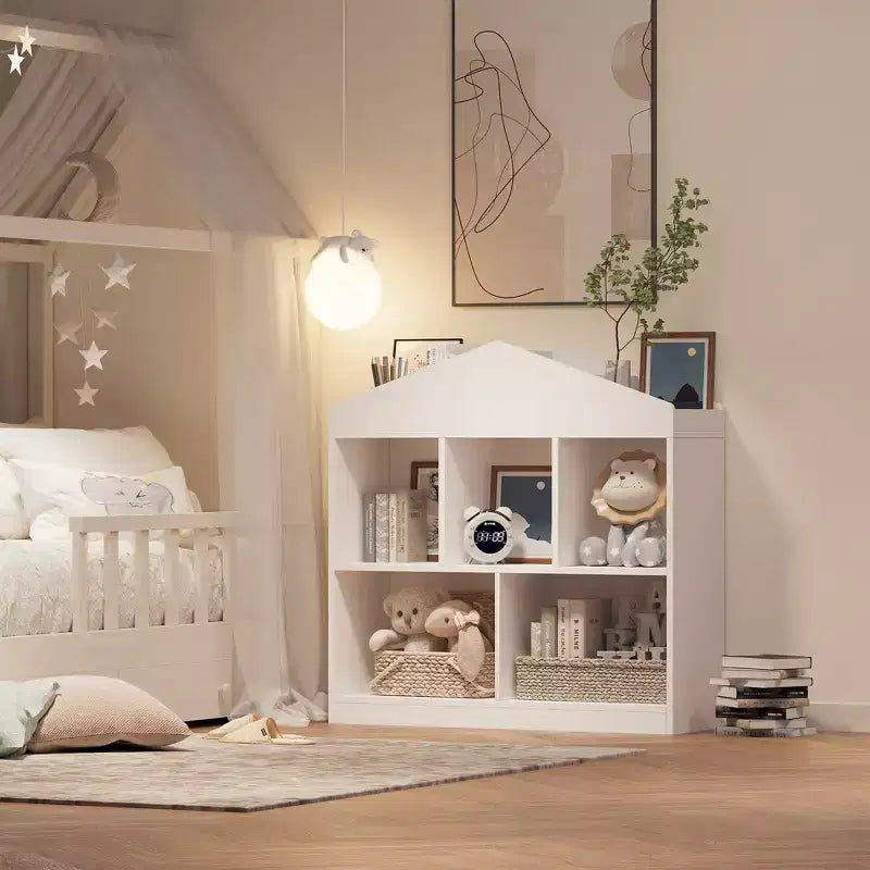 Libreria per bambini a 2 ripiani bianca a casetta, Scaffale portaoggetti a 5 scomparti per 1-2 bambini