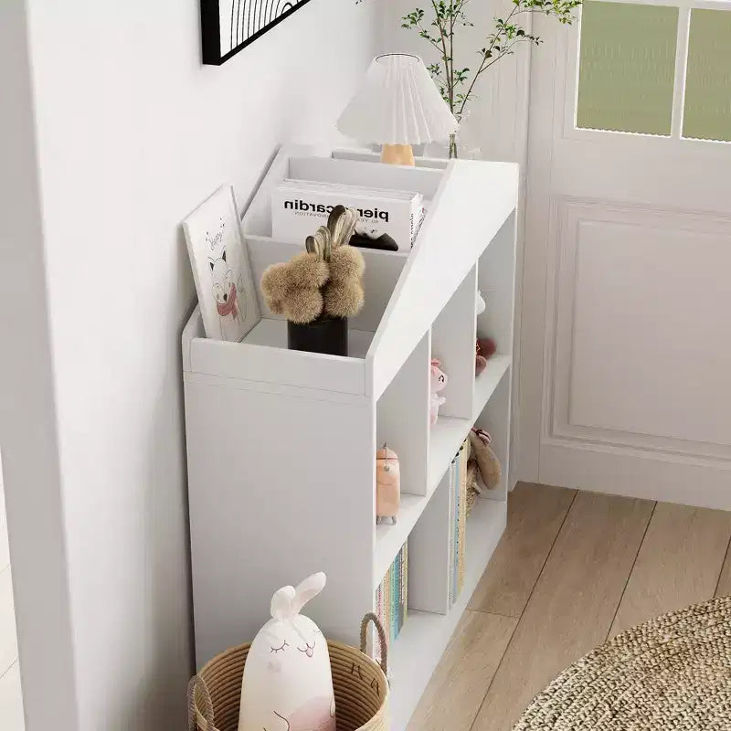 Libreria per bambini a 2 ripiani bianca a casetta, Scaffale portaoggetti a 5 scomparti per 1-2 bambini