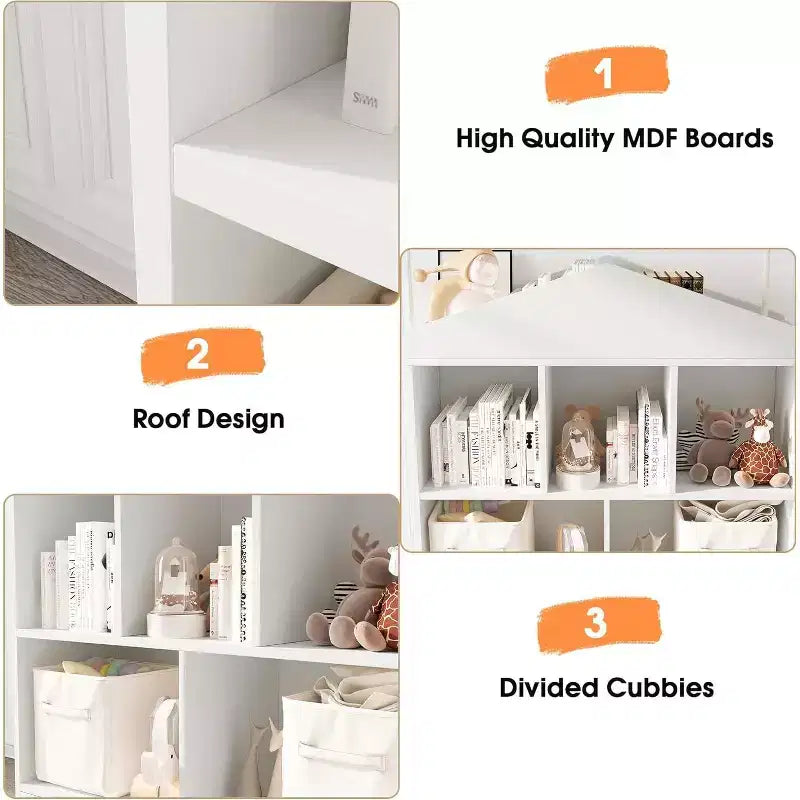 Libreria per bambini a 2 ripiani bianca a casetta, Scaffale portaoggetti a 5 scomparti per 1-2 bambini