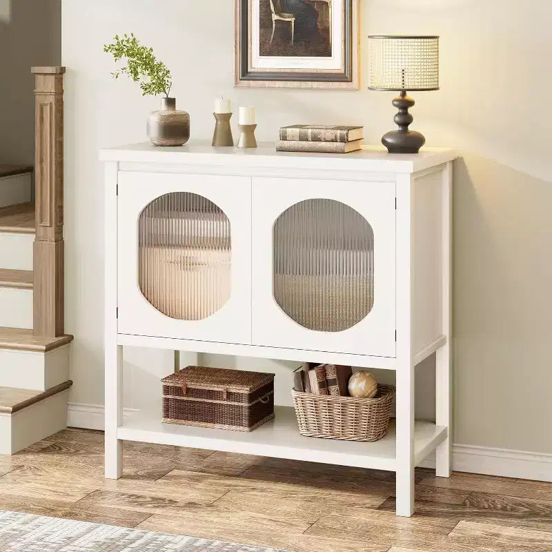 Coffee Bar Cabinet, Storage Cabinet With 2 Reeded Glass Doors, Buffet Cabinet With Storage Shelf, Modern Buffet Sideboard Cabinet for Home White