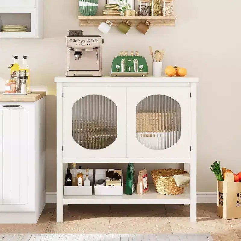 Credenza con ante in vetro scanalato, colore bianco, 2 ante, mobile contenitore moderno per buffet, 1 pezzo