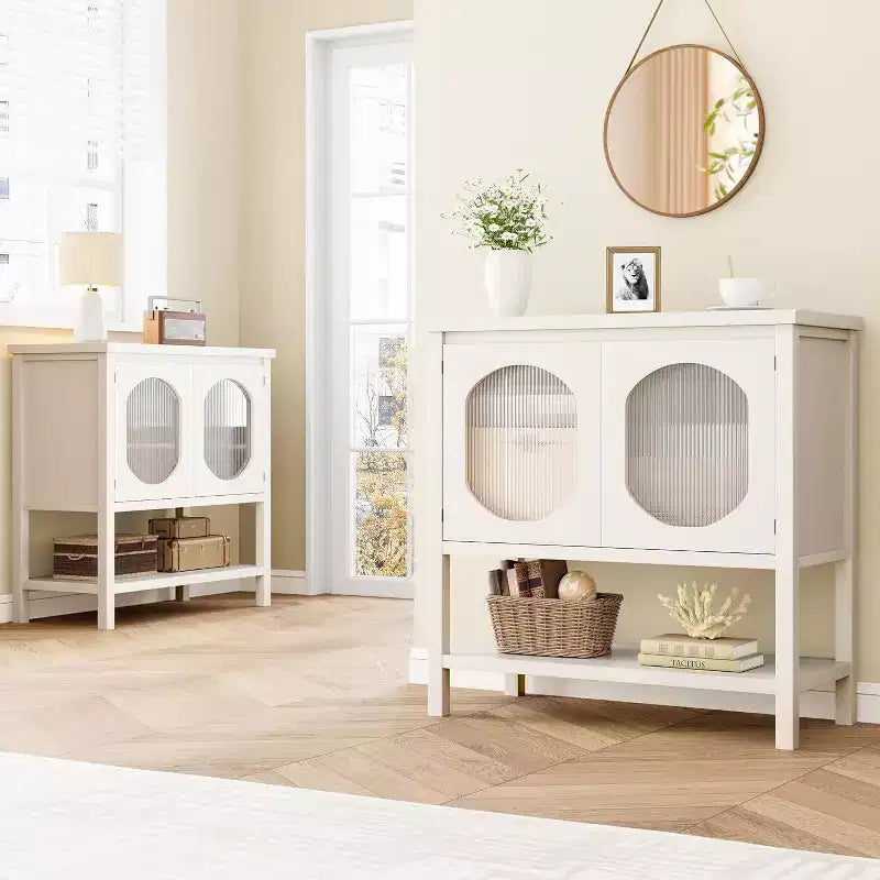 Credenza con ante in vetro scanalato, colore bianco, 2 ante, mobile contenitore moderno per buffet, 1 pezzo