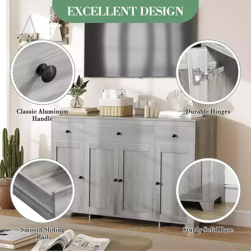 Mobile buffet credenza da 55" – Nero / Grigio / Bianco, 3 cassetti e 4 ante