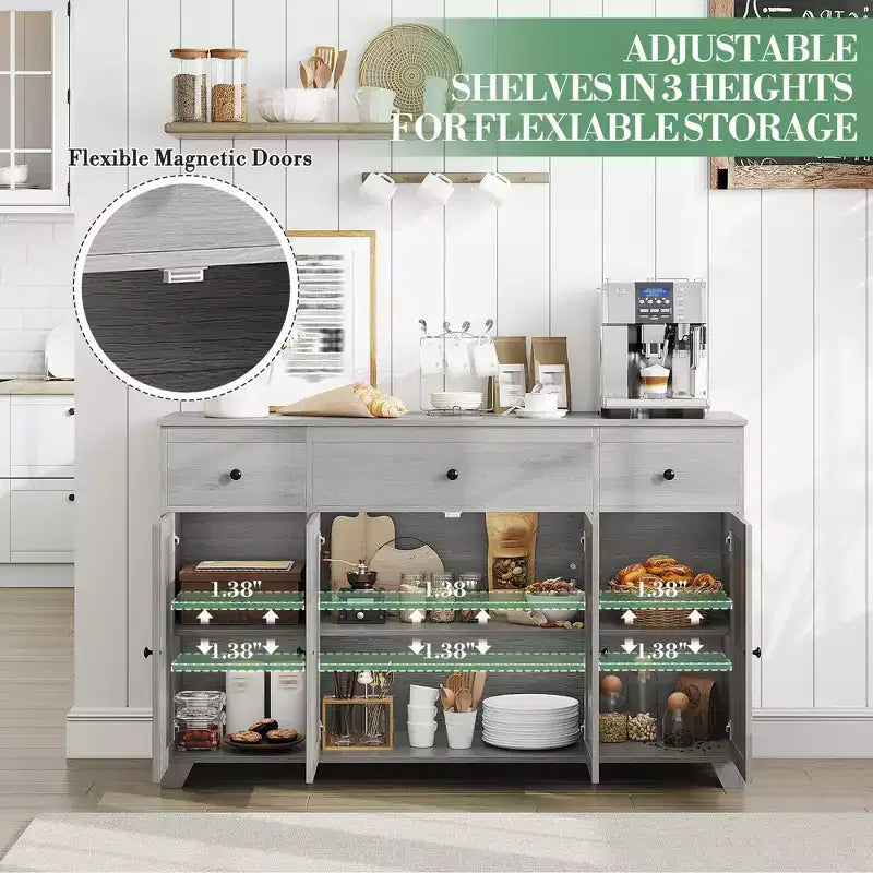 Mobile buffet credenza da 55" – Nero / Grigio / Bianco, 3 cassetti e 4 ante