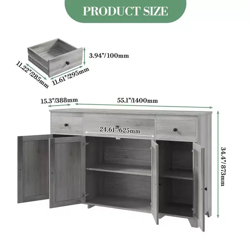 Mobile buffet credenza da 55" – Nero / Grigio / Bianco, 3 cassetti e 4 ante