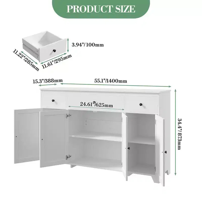Mobile buffet credenza da 55" – Nero / Grigio / Bianco, 3 cassetti e 4 ante