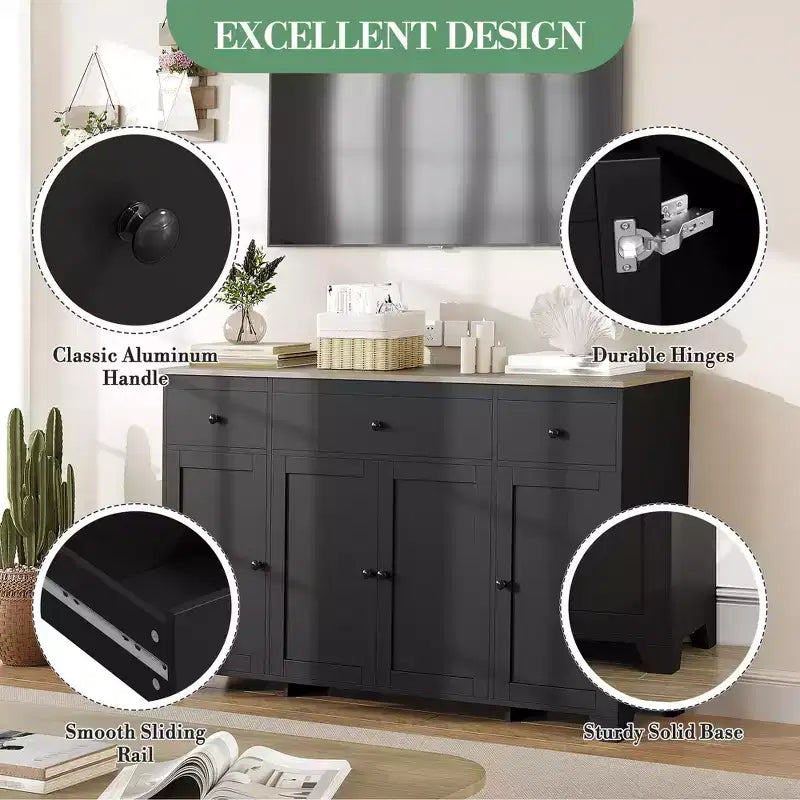 Mobile buffet credenza da 55" – Nero / Grigio / Bianco, 3 cassetti e 4 ante