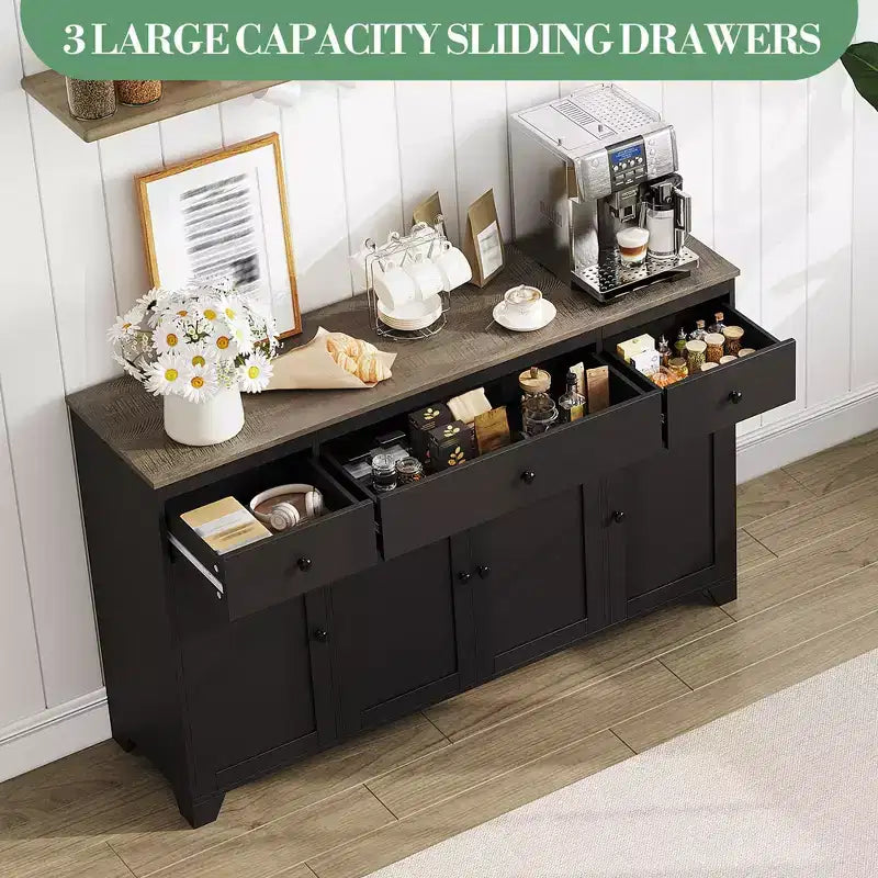 Mobile buffet credenza da 55" – Nero / Grigio / Bianco, 3 cassetti e 4 ante