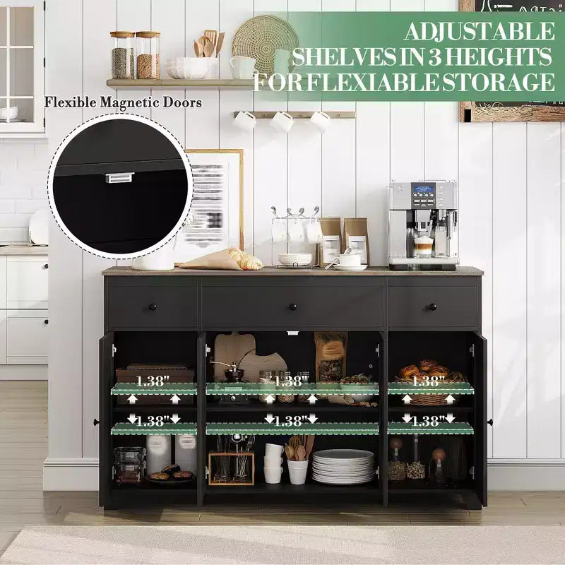 Mobile buffet credenza da 55" – Nero / Grigio / Bianco, 3 cassetti e 4 ante