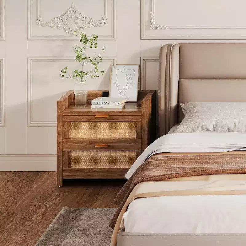 Acekool Set of 2 Nightstands with Fast Charging Type-C Port, Dual Outlets & 2 Rattan Drawers, Bedside Tables for Bedroom and Living Room