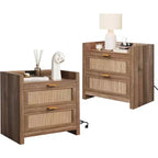 Comodino marrone in rattan con 2 cassetti, USB-C e doppia presa, set da 2