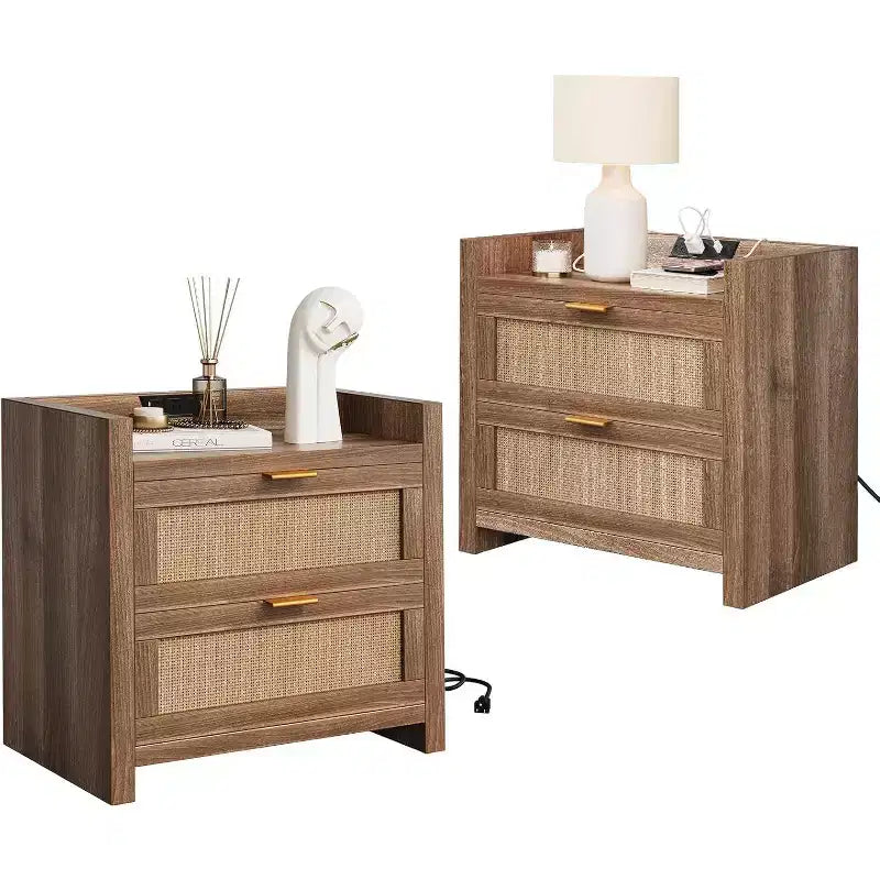 Comodino marrone in rattan con 2 cassetti, USB-C e doppia presa, set da 2