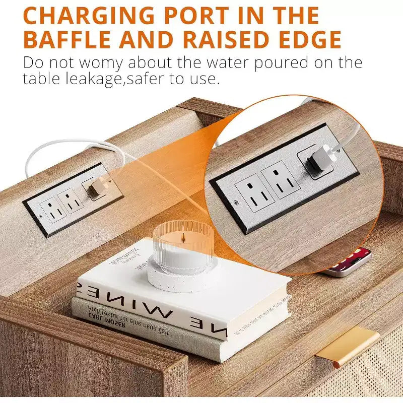 Comodino marrone in rattan con 2 cassetti, USB-C e doppia presa, set da 2