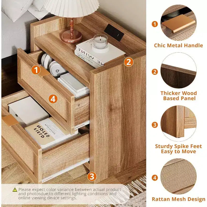 Comodino marrone in rattan con 2 cassetti, USB-C e doppia presa, set da 2