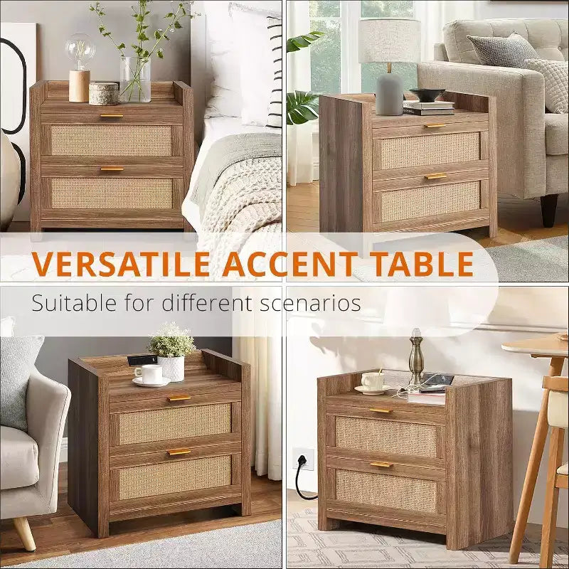 Comodino marrone in rattan con 2 cassetti, USB-C e doppia presa, set da 2