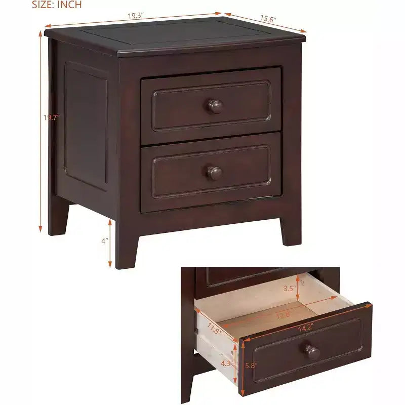 Comodino a 2 Cassetti Marrone Noce Mid-Century, Tavolino Comodino a Uso Singolo