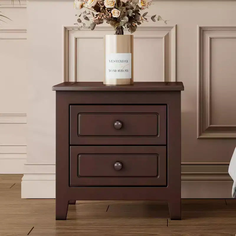 Comodino a 2 Cassetti Marrone Noce Mid-Century, Tavolino Comodino a Uso Singolo