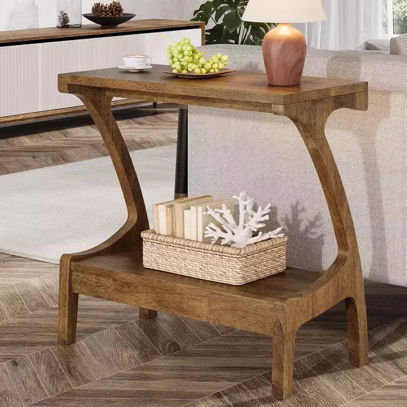 Lantine 2-Tier Storage Shelf End Table , Narrow Side Table for Living Room, Bedroom, Natural Wood Paint Finish, Easy Assembly