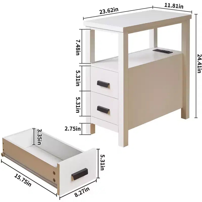 Comodino moderno singolo noce/bianco con 2 cassetti e stazione di ricarica